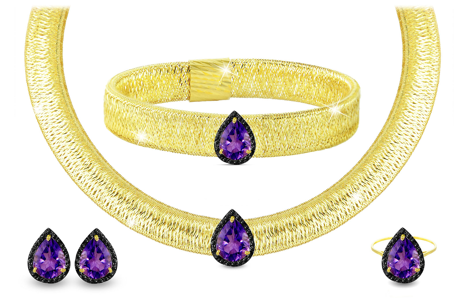 Vera Perla 18K Gold 0.60ct Black Diamonds, Amethyst Jewelry Set - 4 pcs.